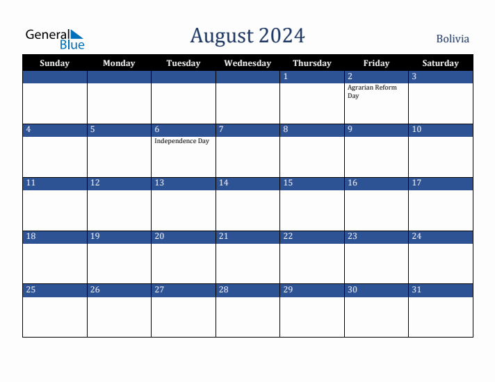 August 2024 Bolivia Calendar (Sunday Start)