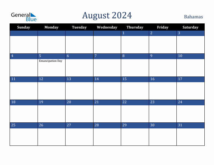 August 2024 Bahamas Calendar (Sunday Start)