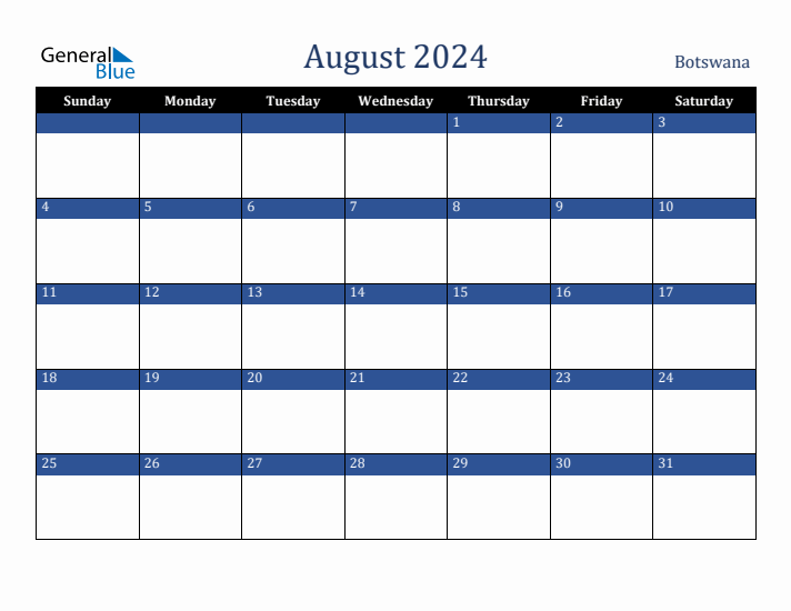 August 2024 Botswana Calendar (Sunday Start)