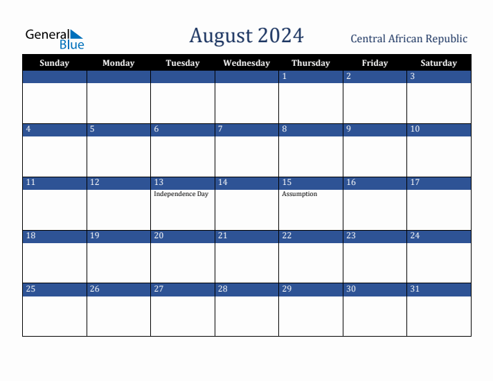 August 2024 Central African Republic Calendar (Sunday Start)