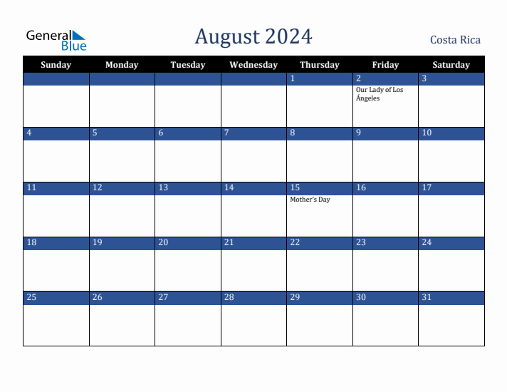 August 2024 Costa Rica Calendar (Sunday Start)