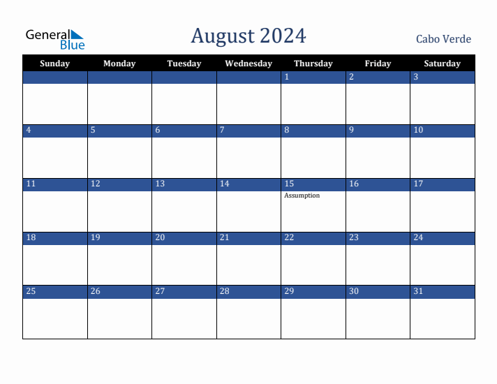 August 2024 Cabo Verde Calendar (Sunday Start)