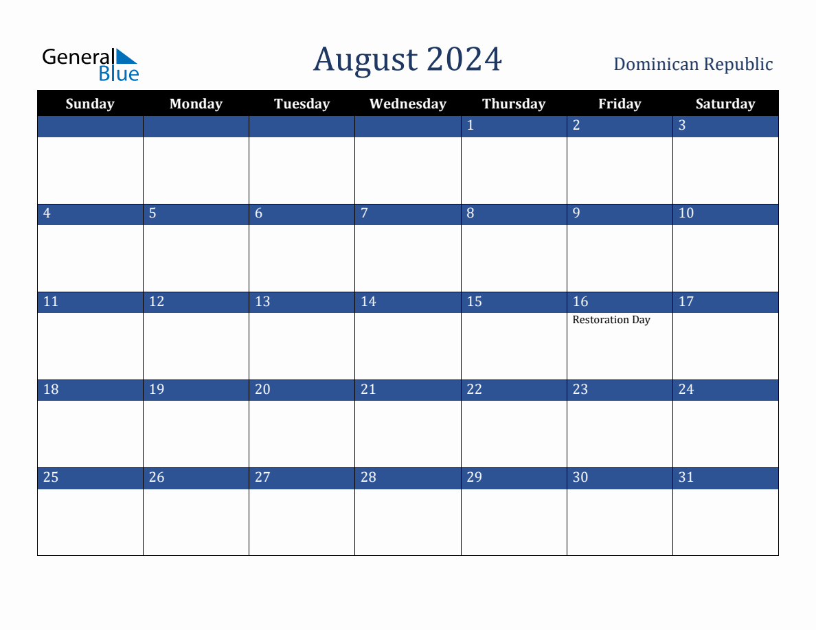 August 2024 Dominican Republic Holiday Calendar