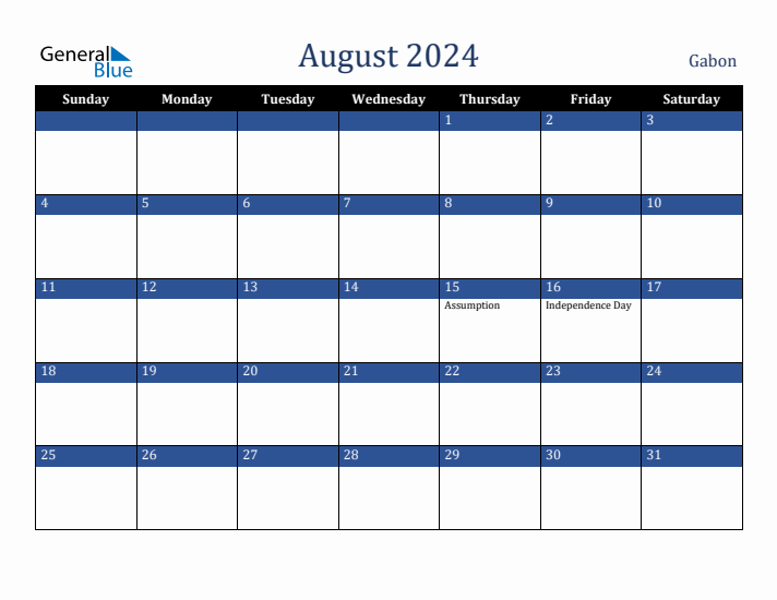 August 2024 Gabon Calendar (Sunday Start)