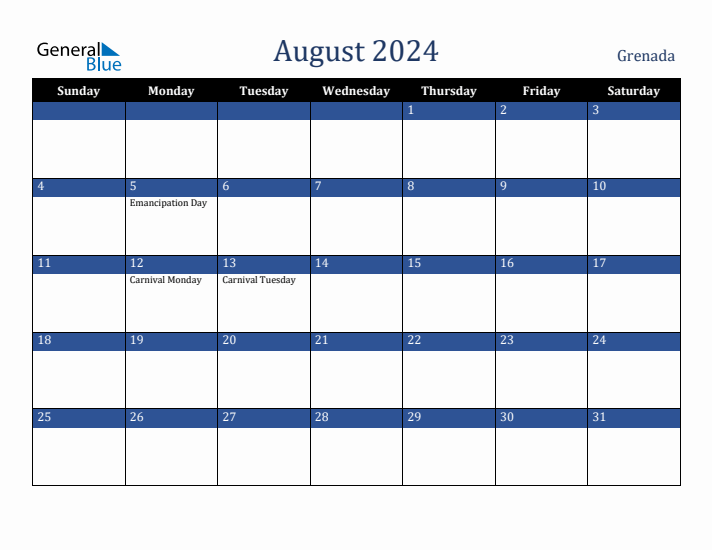 August 2024 Grenada Calendar (Sunday Start)