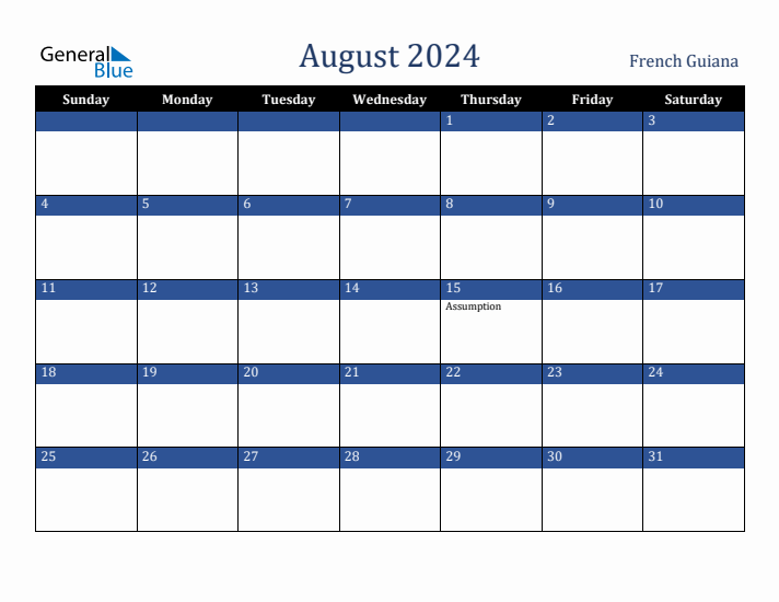 August 2024 French Guiana Calendar (Sunday Start)