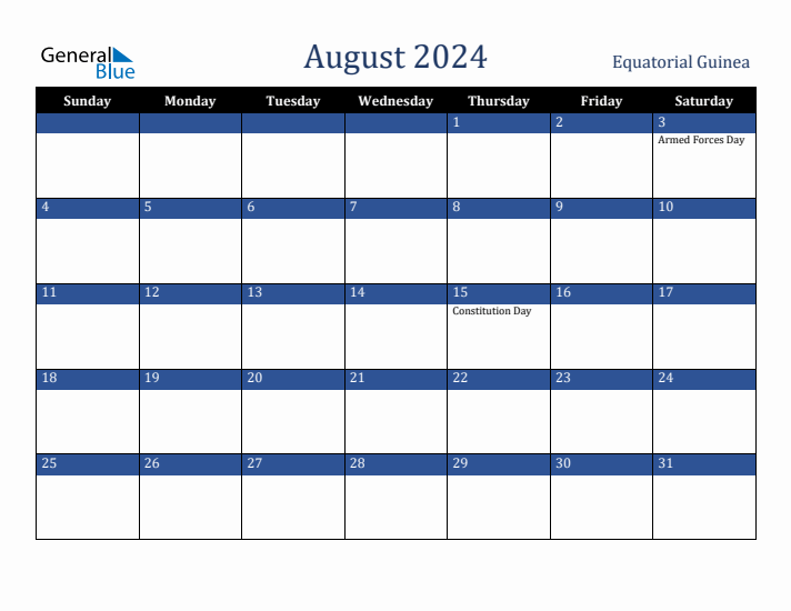 August 2024 Equatorial Guinea Calendar (Sunday Start)