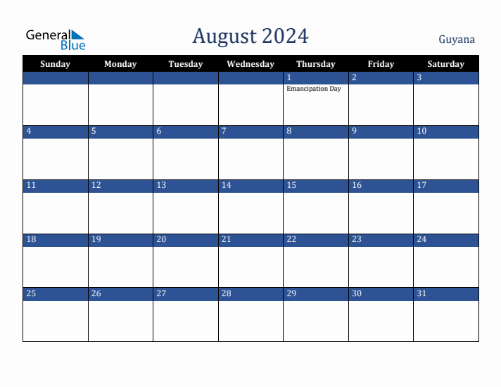August 2024 Guyana Calendar (Sunday Start)