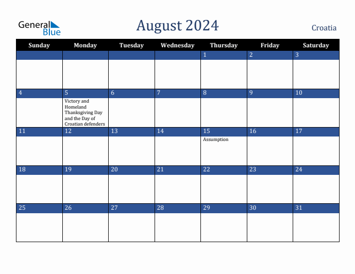 August 2024 Croatia Calendar (Sunday Start)