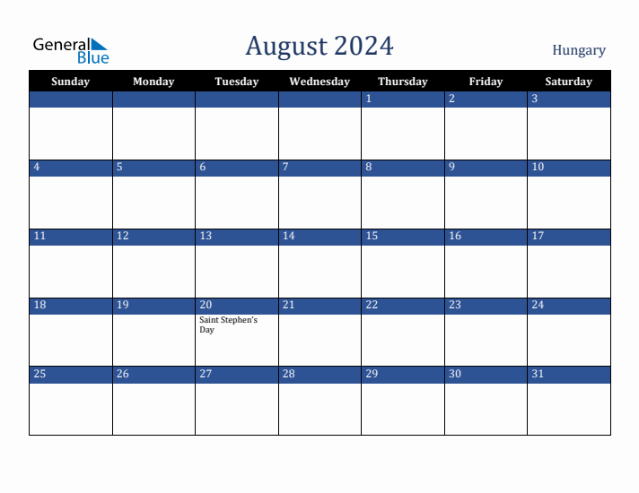 August 2024 Hungary Calendar (Sunday Start)