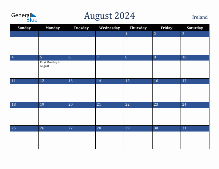 August 2024 Monthly Calendar with Ireland Holidays