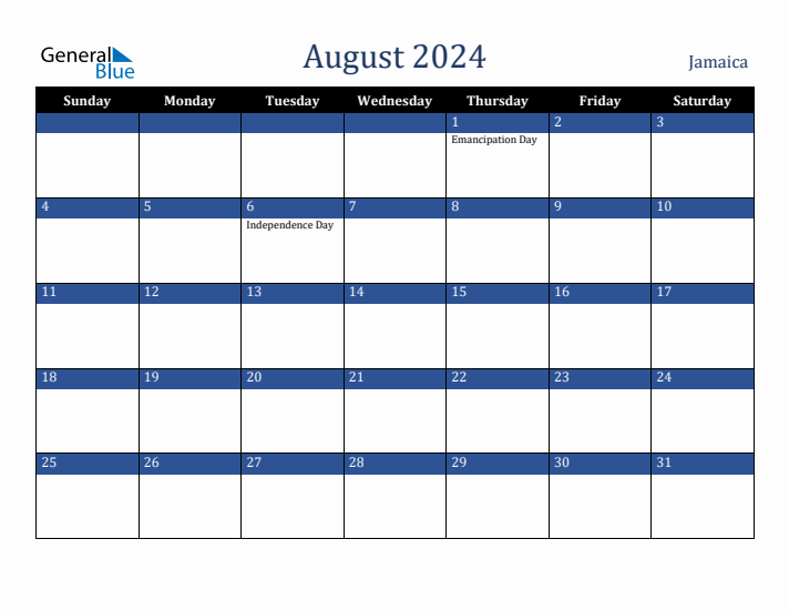 August 2024 Jamaica Calendar (Sunday Start)