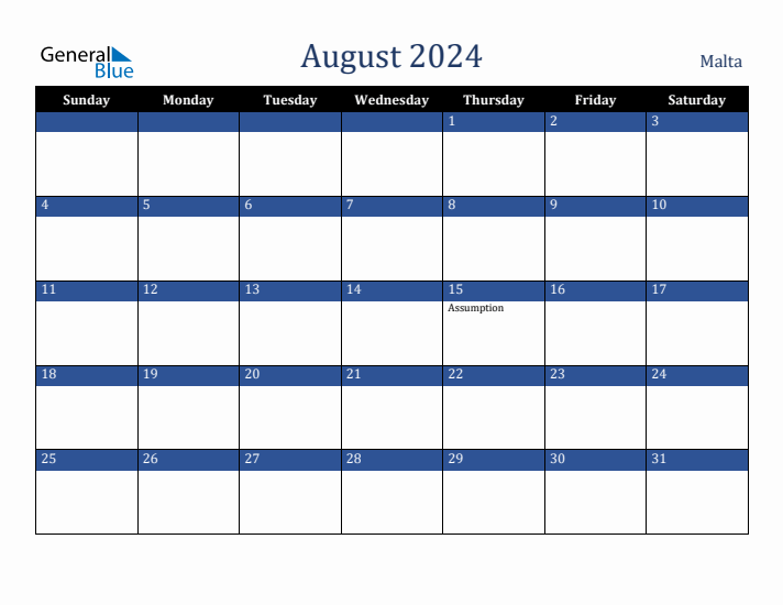 August 2024 Malta Calendar (Sunday Start)