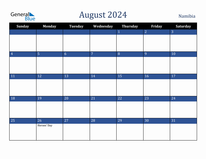 August 2024 Namibia Calendar (Sunday Start)