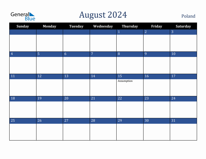 August 2024 Poland Calendar (Sunday Start)