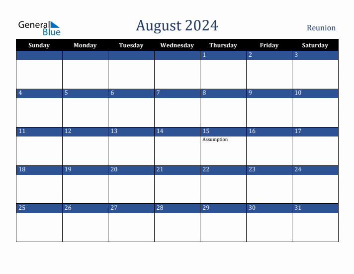 August 2024 Monthly Calendar with Reunion Holidays