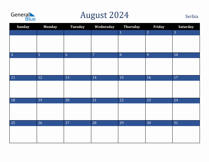 August 2024 Serbia Calendar (Sunday Start)