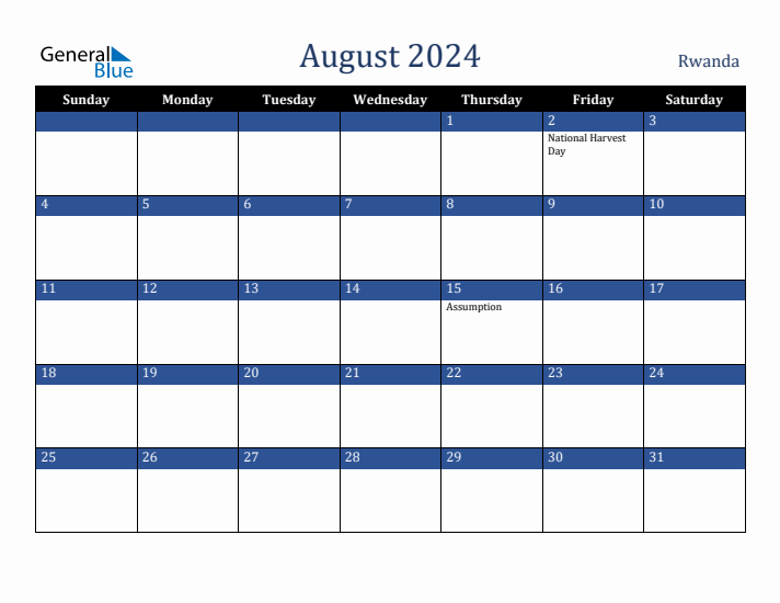 August 2024 Rwanda Calendar (Sunday Start)