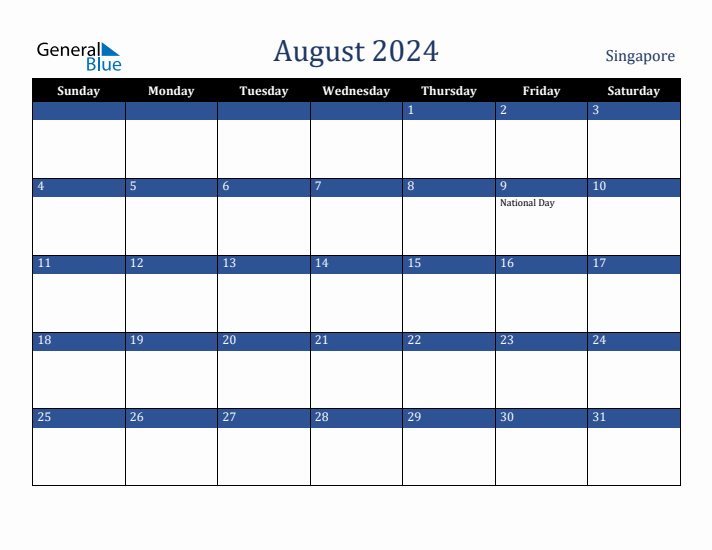 August 2024 Singapore Calendar (Sunday Start)