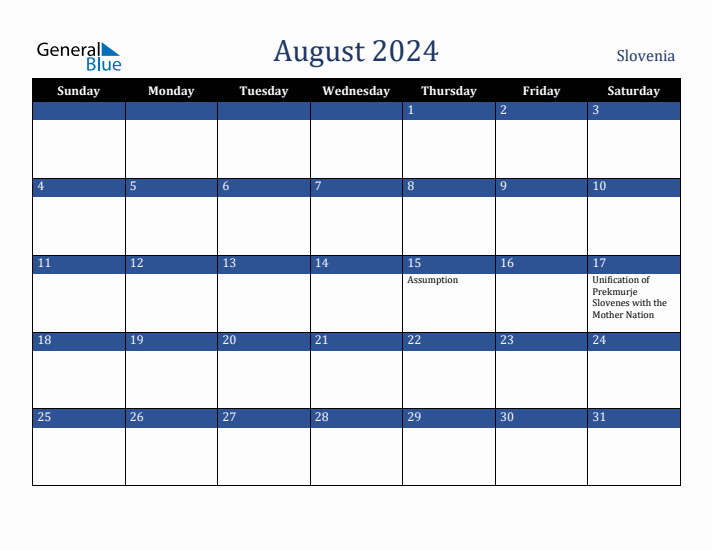 August 2024 Slovenia Calendar (Sunday Start)