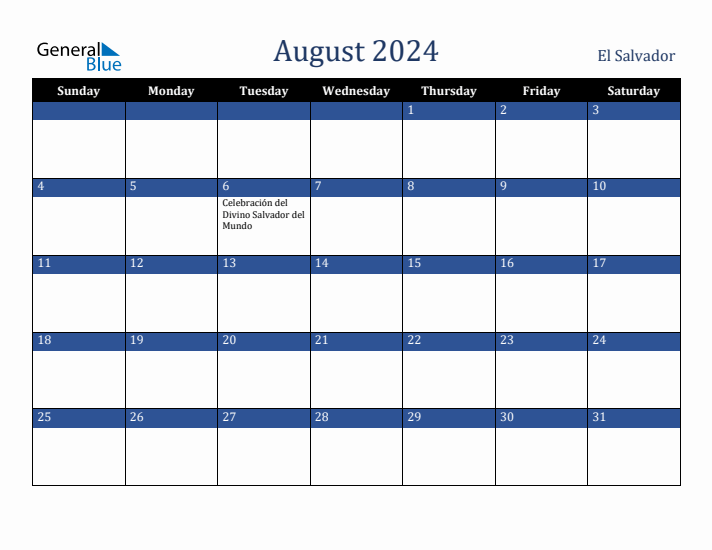 August 2024 El Salvador Calendar (Sunday Start)