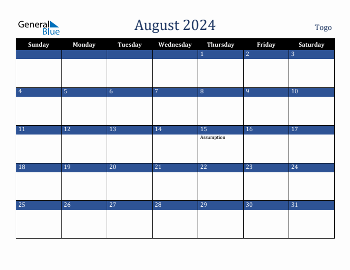 August 2024 Togo Calendar (Sunday Start)
