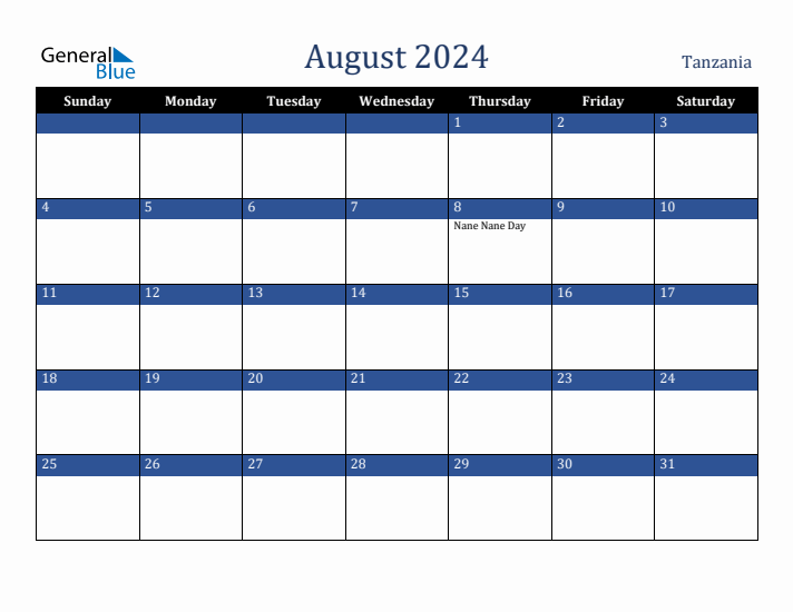 August 2024 Tanzania Calendar (Sunday Start)