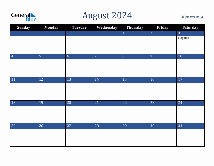 August 2024 Venezuela Calendar (Sunday Start)