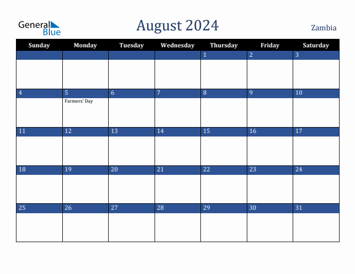 August 2024 Zambia Calendar (Sunday Start)