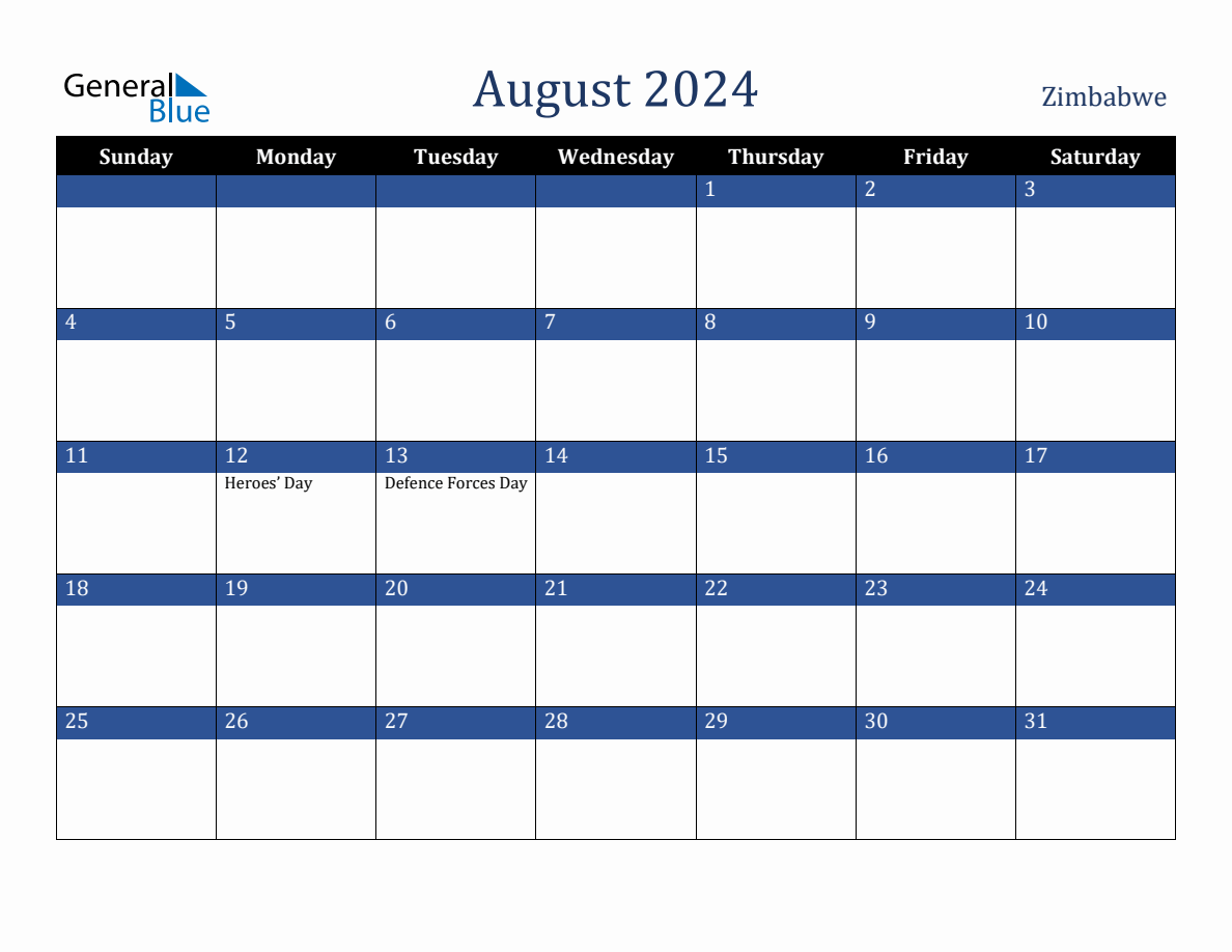 August 2024 Zimbabwe Holiday Calendar