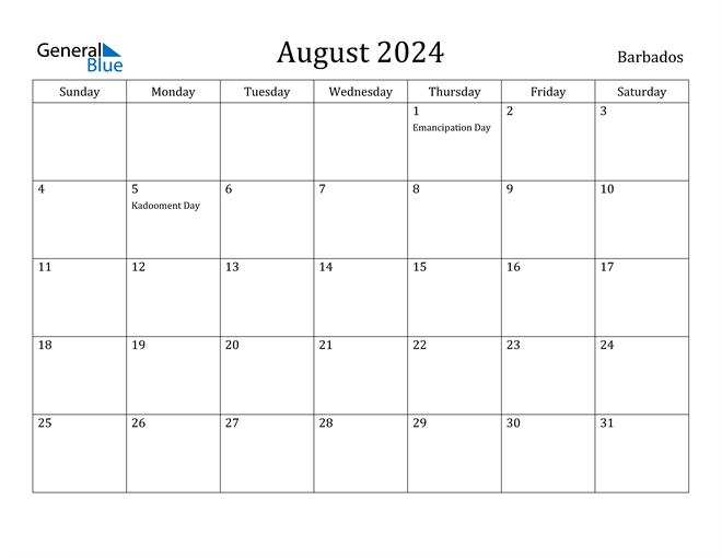 Barbados August 2024 Calendar with Holidays