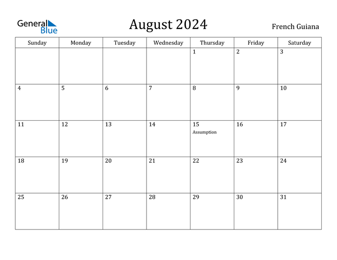 French Guiana August 2024 Calendar with Holidays