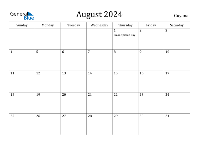 Guyana August 2024 Calendar with Holidays