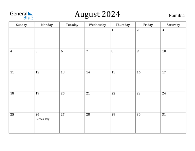 Namibia August 2024 Calendar with Holidays