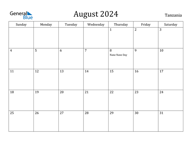 August 2024 Calendar with Tanzania Holidays