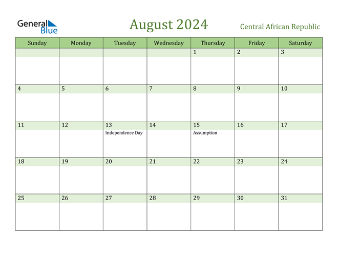 Central African Republic August 2024 Calendar with Holidays