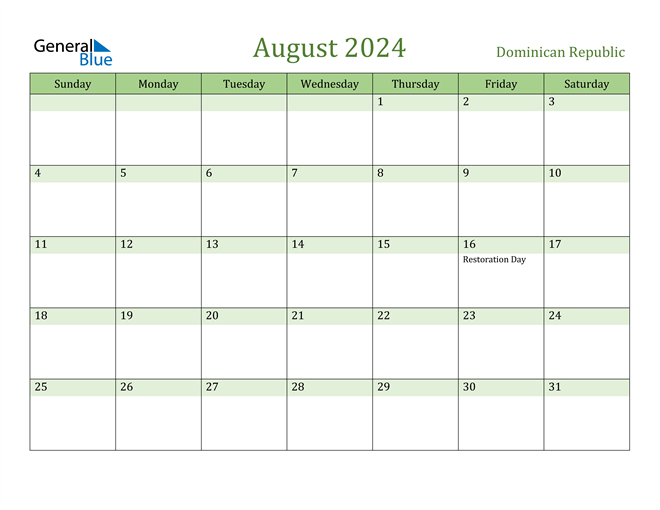 August 2024 Calendar with Dominican Republic Holidays