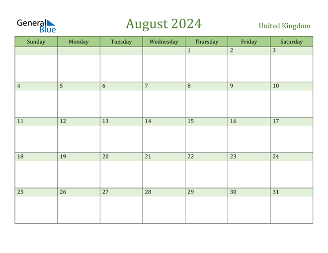 August 2024 Calendar with United Kingdom Holidays