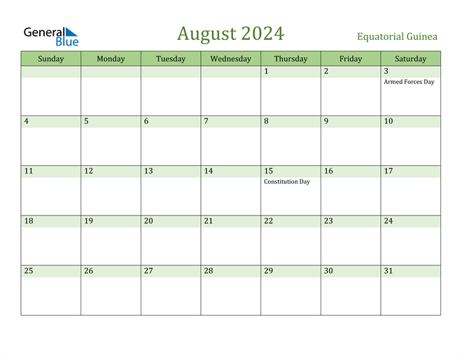 August 2024 Calendar with Equatorial Guinea Holidays