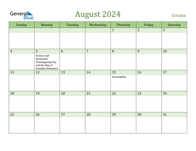 August 2024 Calendar with Croatia Holidays