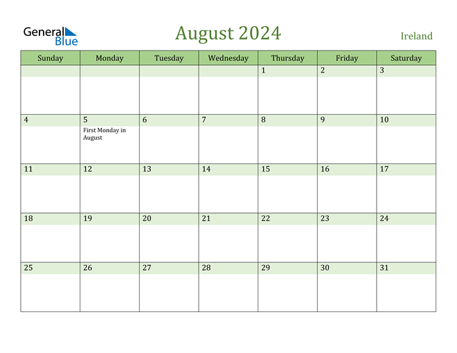 August 2024 Calendar with Ireland Holidays