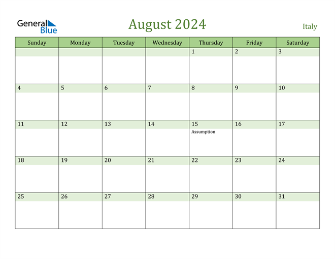 August 2024 Calendar with Italy Holidays