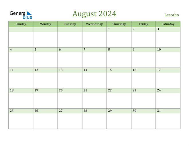 Lesotho August 2024 Calendar with Holidays