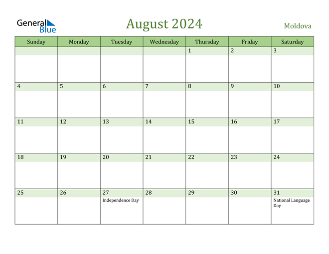 Moldova August 2024 Calendar With Holidays