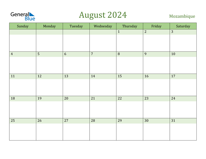 August 2024 Calendar with Mozambique Holidays