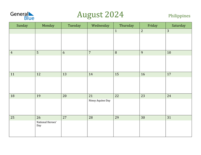 Philippines August 2024 Calendar with Holidays