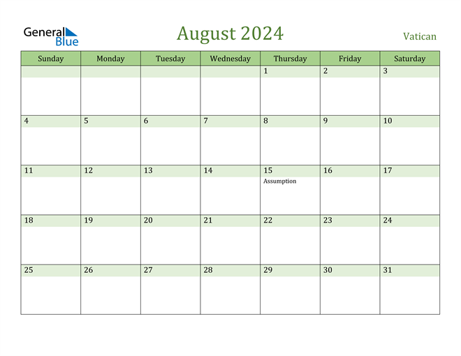 Vatican August 2024 Calendar with Holidays
