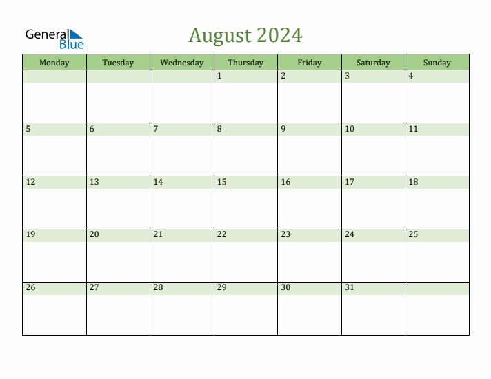 August 2024 Calendar with Monday Start
