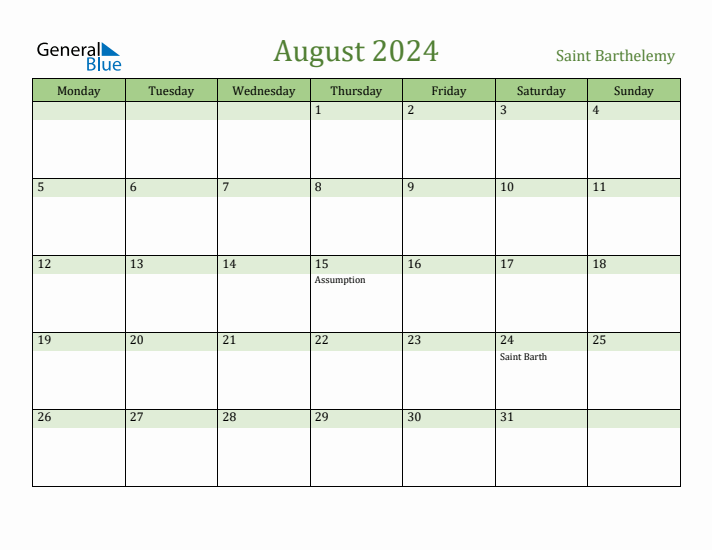 August 2024 Calendar with Saint Barthelemy Holidays