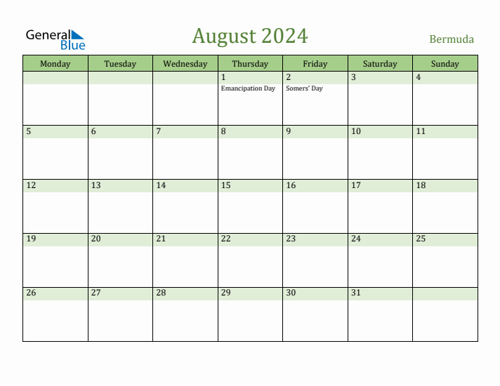 August 2024 Calendar with Bermuda Holidays
